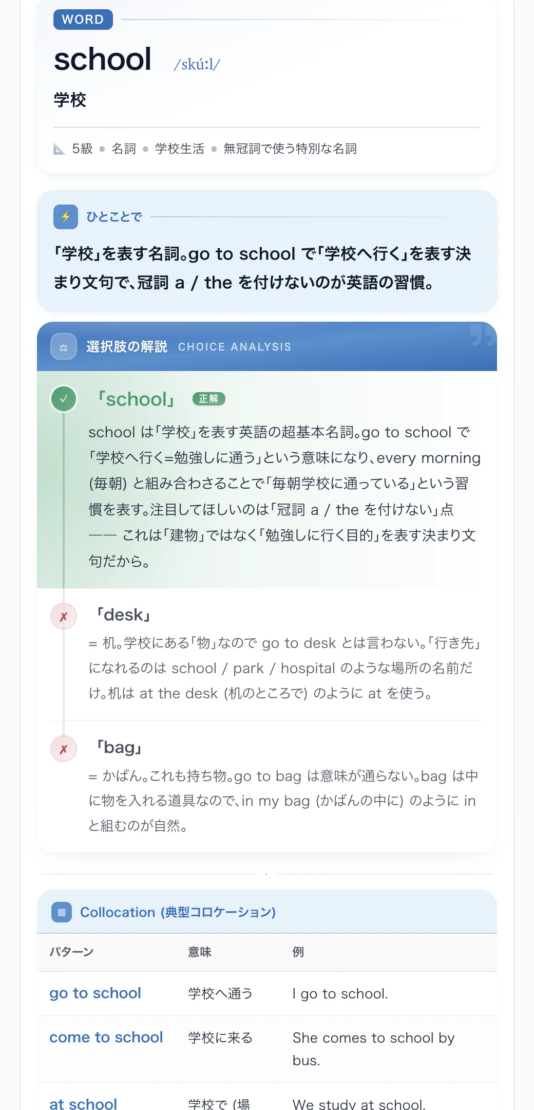EigoPro の解説画面。単語の意味・ひとこと要約・正解と不正解の理由・コロケーション表が並ぶ